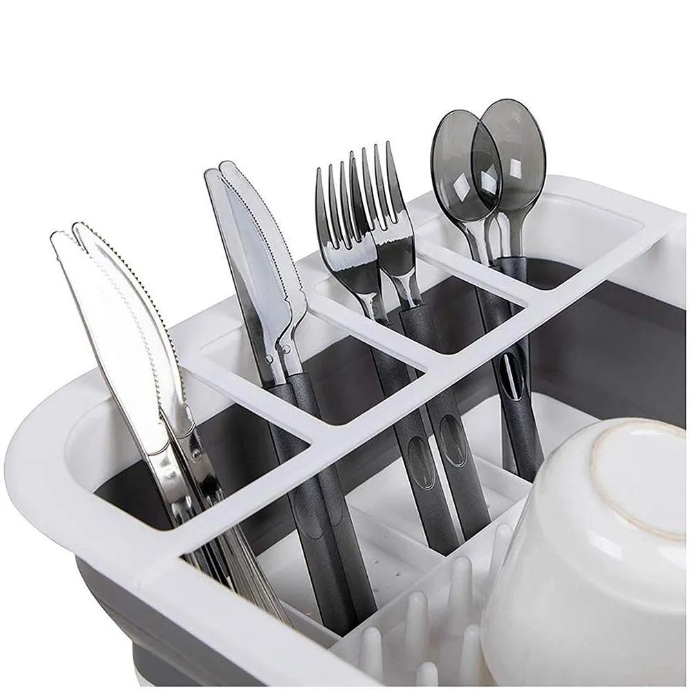 0804 Collapsible Folding Silicone Dish Drying Drainer Rack with Spoon Fork Knife Storage Holder