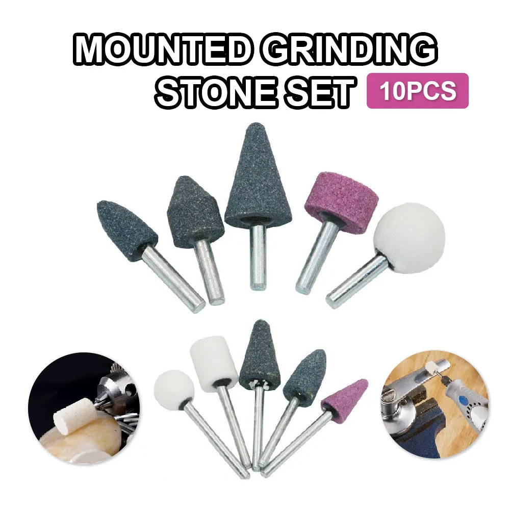 10 Pcs 6mm & 3mm Shank Abrasive Mounted Stone Rotary Tool Bits