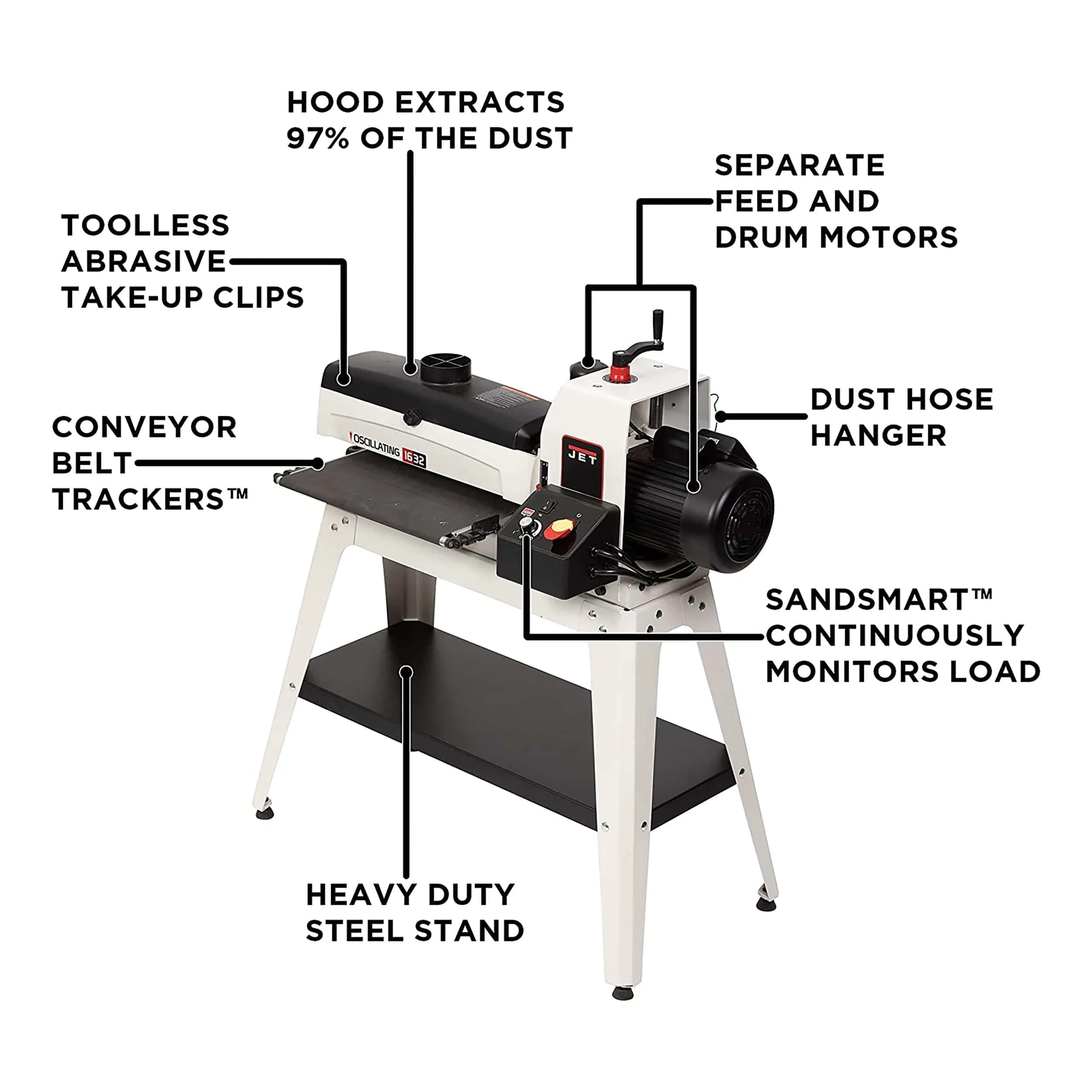 16" Oscillating Drum Sander with Stand - 1-1/2 HP 1 Ph 115V - JWDS-1632OSC