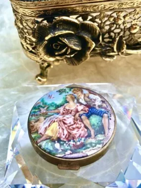 Antique Signed Boucher Porcelain Brass 3 Way Folding Mirror Powder Compact Italy