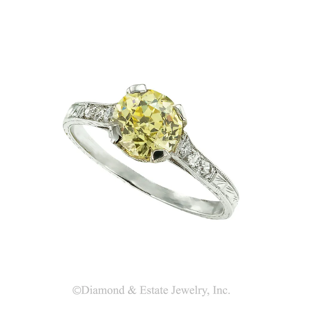 Art Deco 1.20 Carat Fancy Yellow Diamond Platinum Engagement Ring