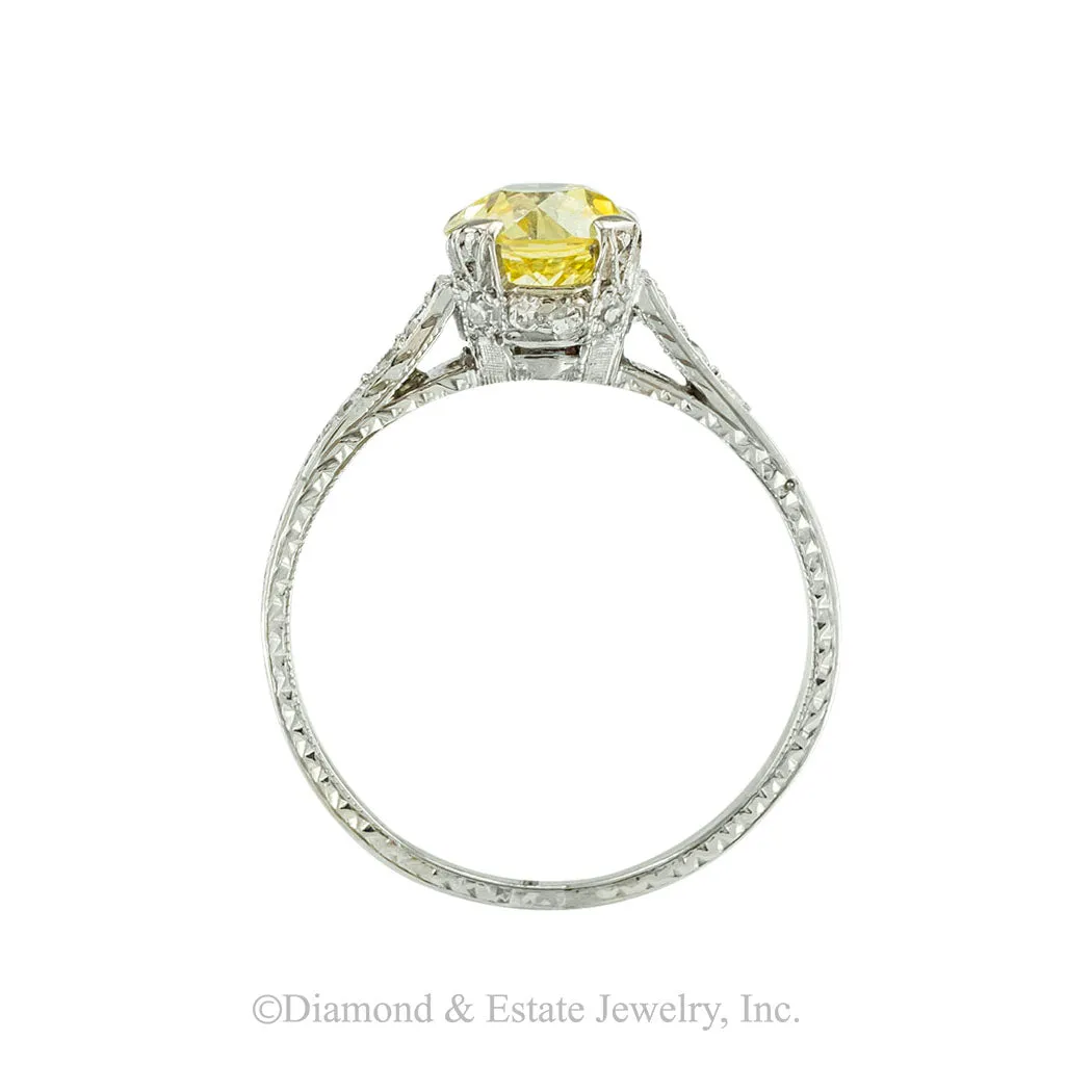 Art Deco 1.20 Carat Fancy Yellow Diamond Platinum Engagement Ring