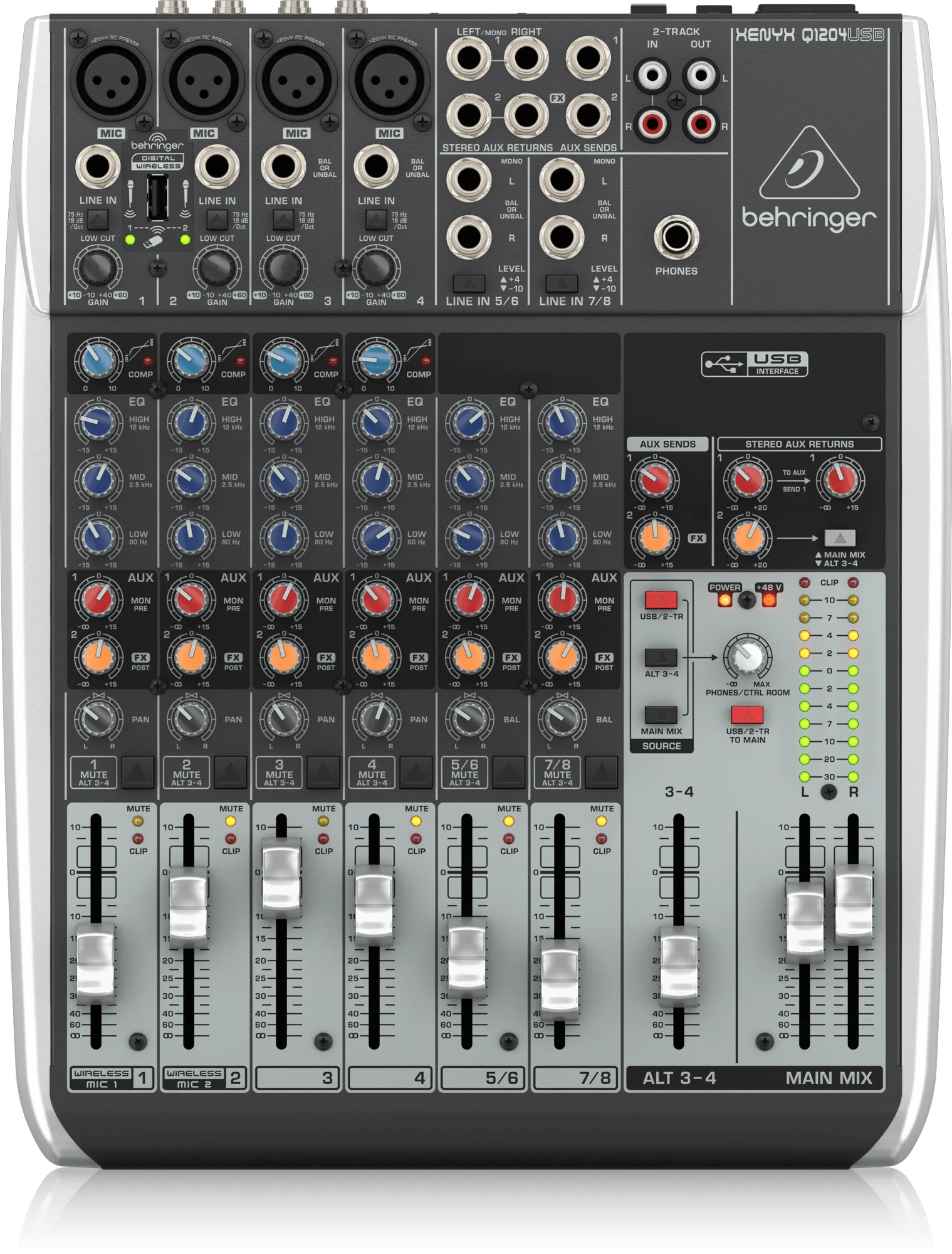 Behringer  XENYX Q1204USB Premium 12-Input 2/2-Bus Mixer with XENYX Mic Preamps and Compressors, Wireless Option and USB/Audio Interface - Each