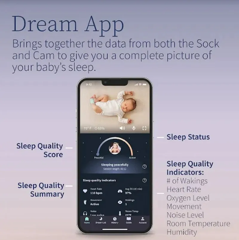 Dream Duo - Smart Portable Video Baby Monitor - HD Video Camera   Sock with Heart Rate, AVG Oxygen Tracker - Deep Sea Green