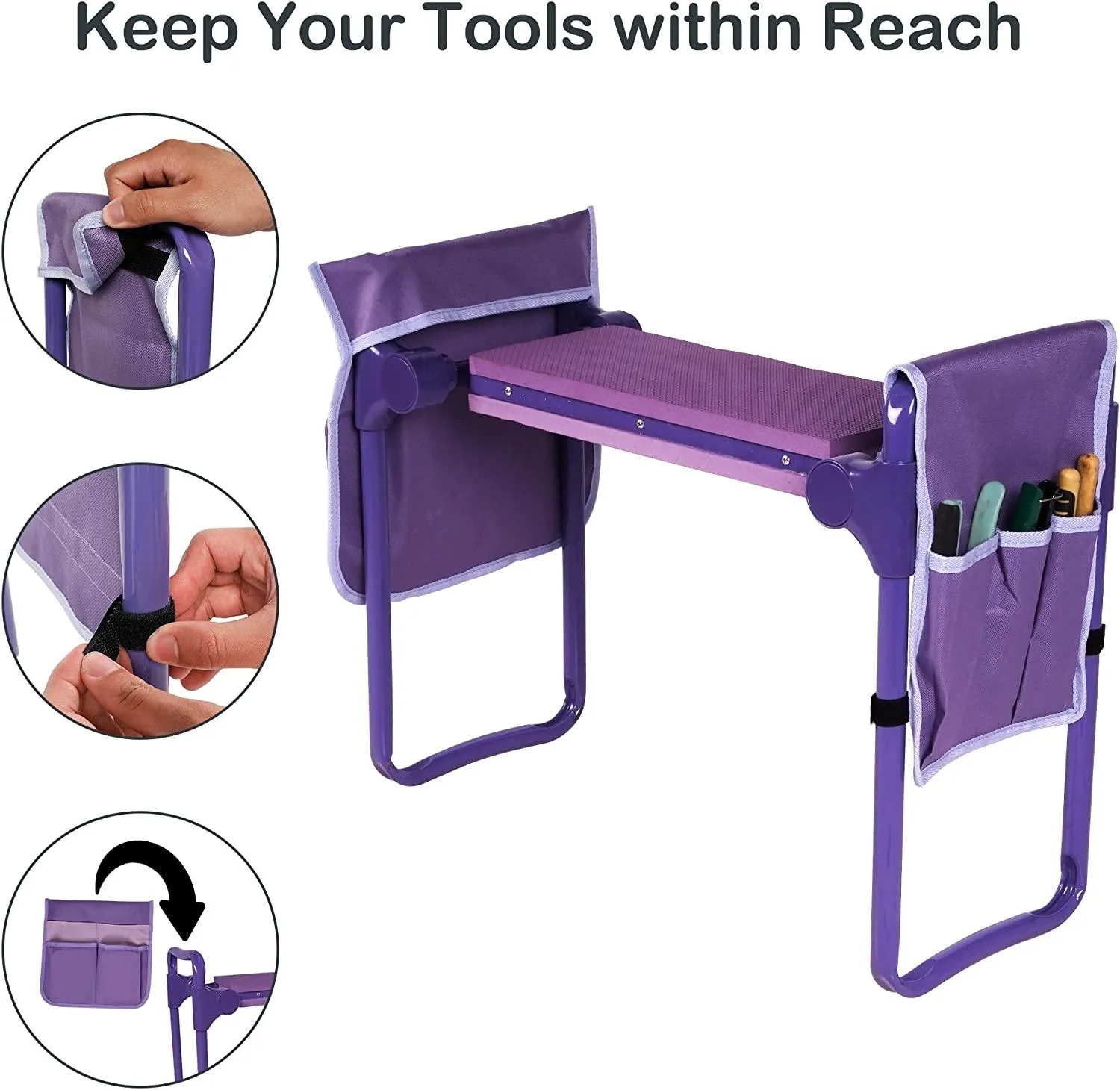 Garden Kneeler and Seat Upgraded Gardening Stool Bench with 2 Tool Pouches & EVA Foam Pad, Purple