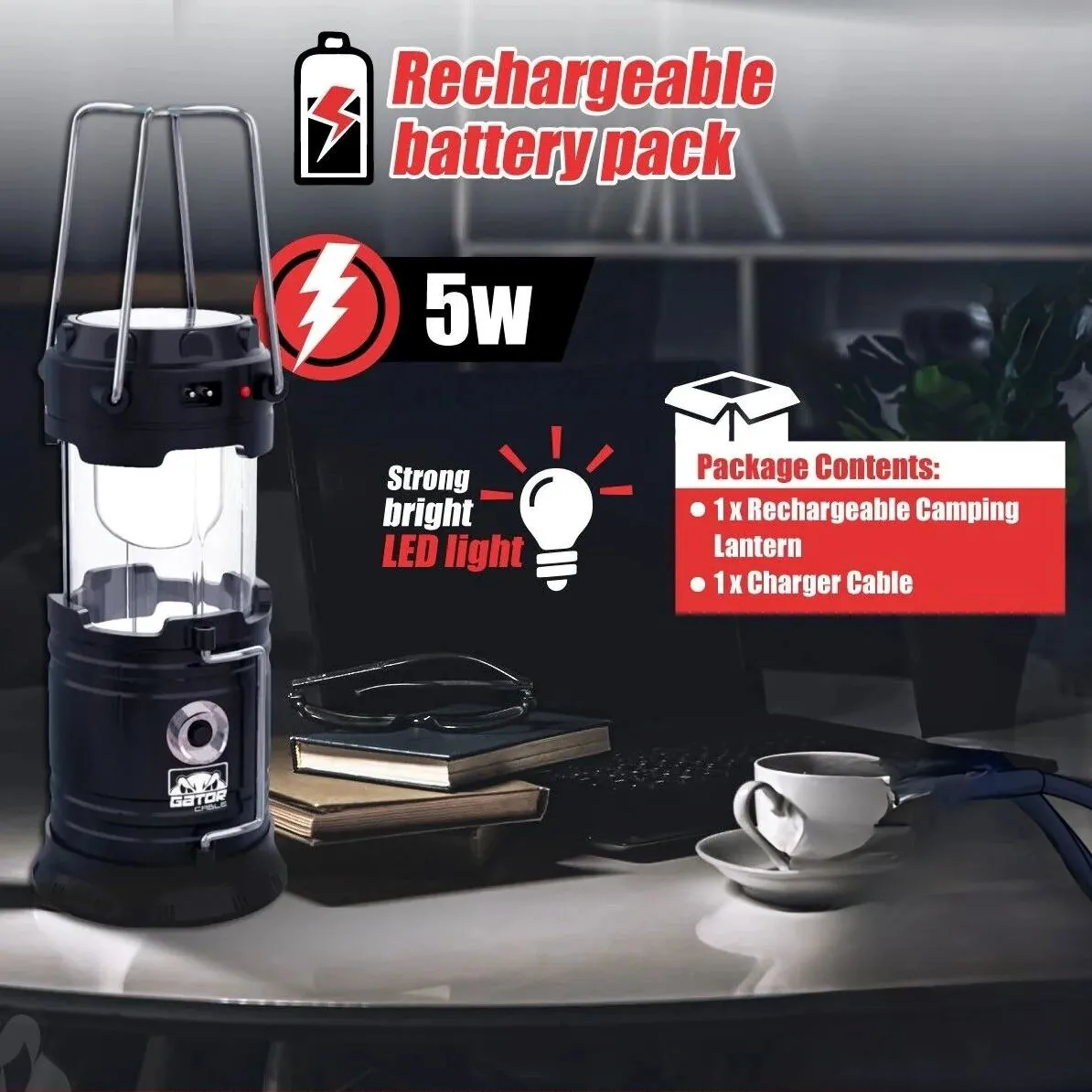 GatorXPro™ Solar Power Bank   LED Camping Lantern: Portable, AC/USB Rechargeable Solar Flashlight