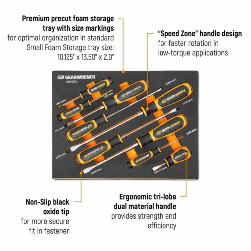 Gearwrench GWMSSCRSL 9 Piece Slotted Dual Material Screwdriver Set in Foam Storage Tray