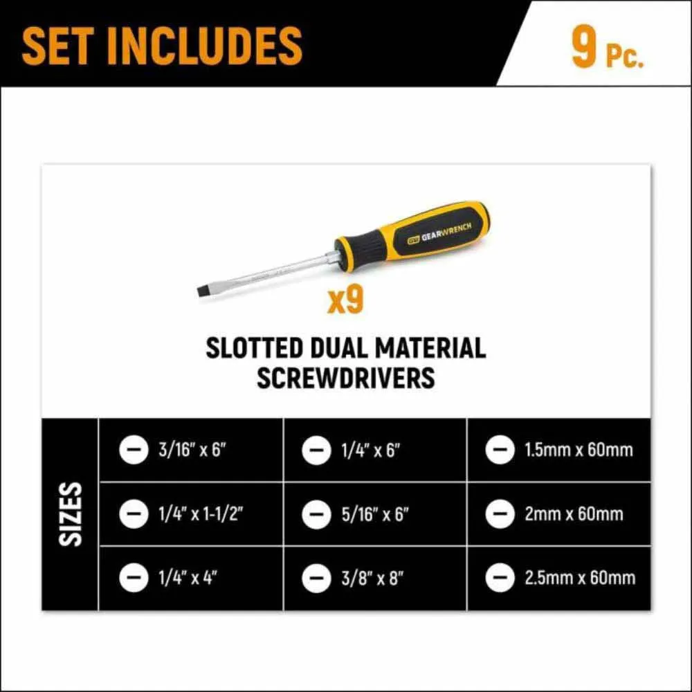 Gearwrench GWMSSCRSL 9 Piece Slotted Dual Material Screwdriver Set in Foam Storage Tray