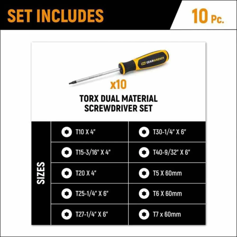 Gearwrench GWMSSCRTX 10 Piece Torx® Dual Material Screwdriver Set in Foam Storage Tray