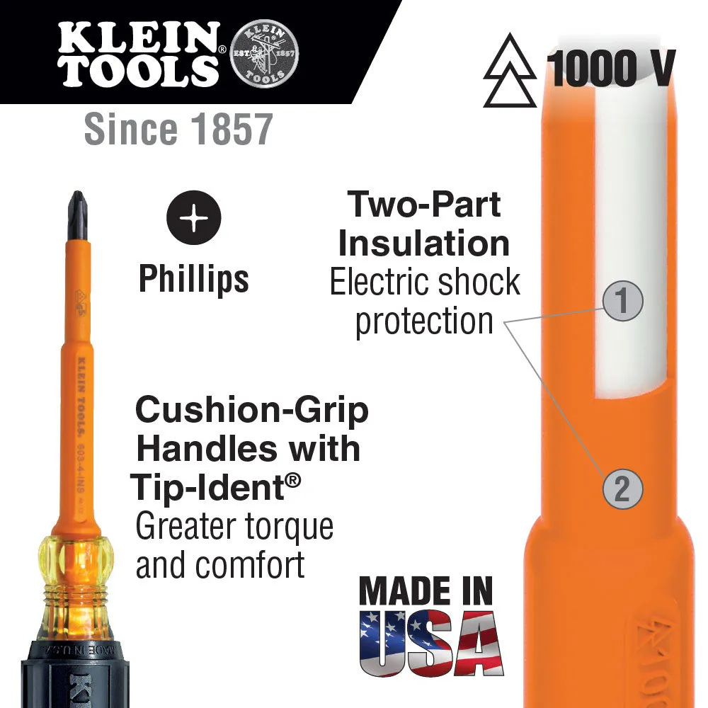 Klein Tools 603-4-INS Insulated Screwdriver, #2 Phillips Tip, 4"