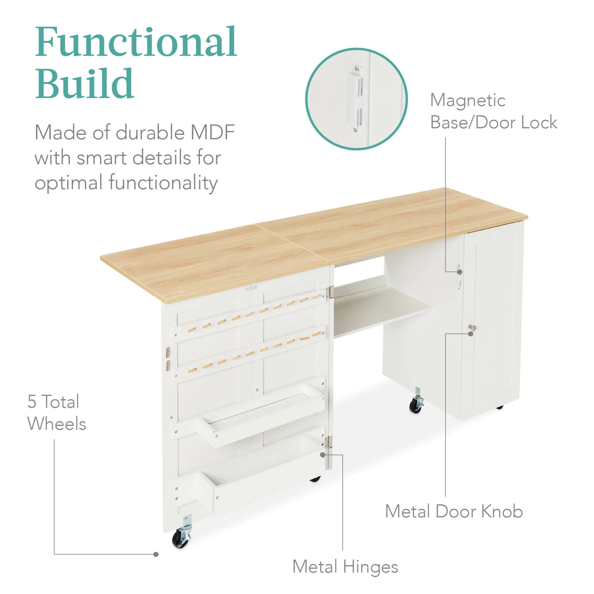 Large Portable Folding Sewing Table Multipurpose Craft Station w/ Wheels