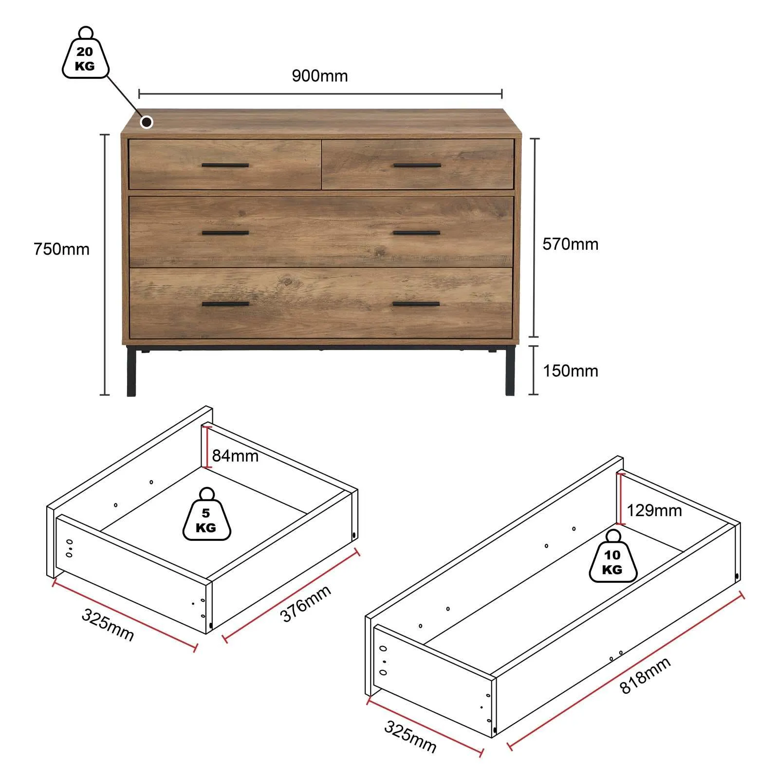 MerryLuk Bronx Set Chest of 4 Drawers dresser nightstand set