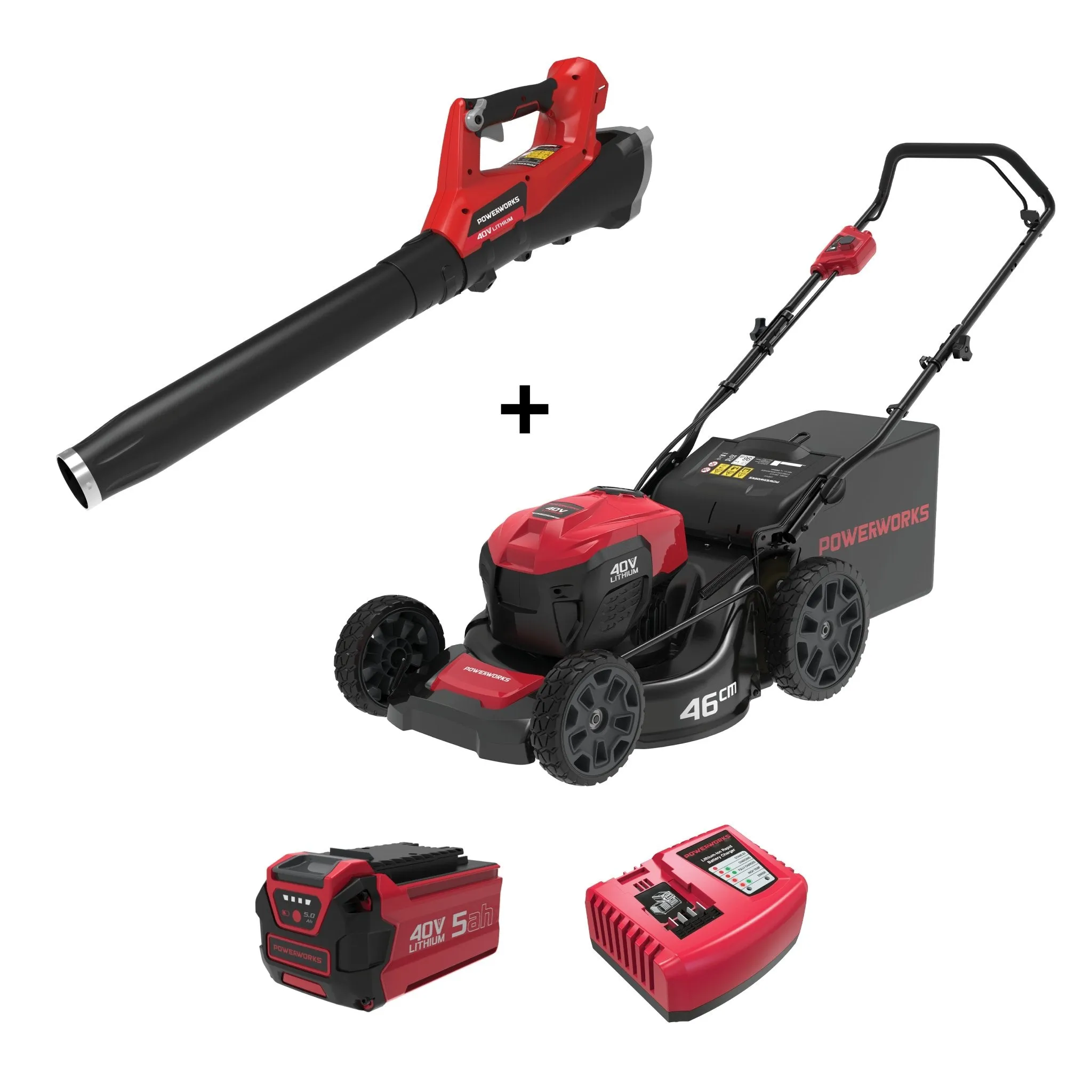 Powerworks 40V HP lawnmower and axial blower combo