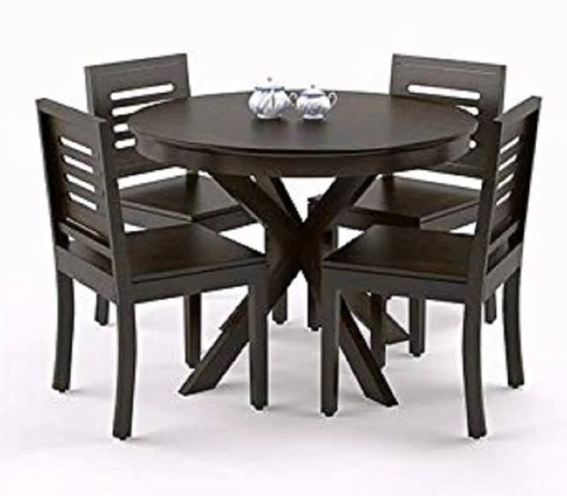 SRB FURNITURE solid sheesham wood round shape 4 seater dining table set with chairs for home hotel and restaurant (Round-S-06) (Walnut)