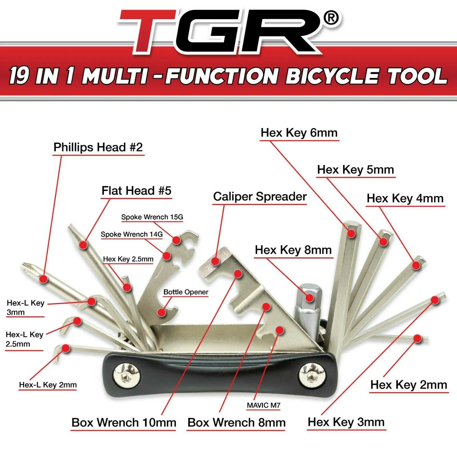 TGR 19 in 1 Folding Multi-Function Bicycle Tool - Heavy Duty, Compact Pocket Sized, Lightweight - for Road and Mountain Bikes