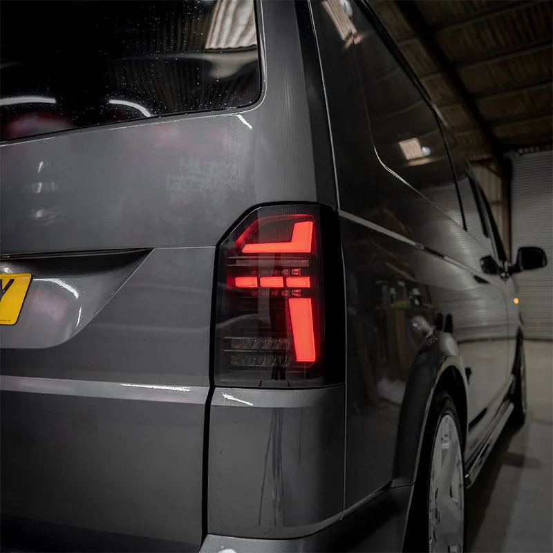 VW T6 – Rear Lights – Sequential Indicator – LED – Tailgate – Black Smoke (T6.1 Style)