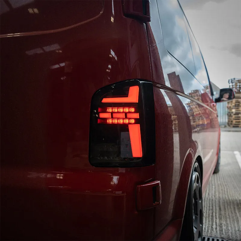 VW T6.1 – Rear Lights – Sequential Indicator – LED – RHD – Barn Door – Black Smoke