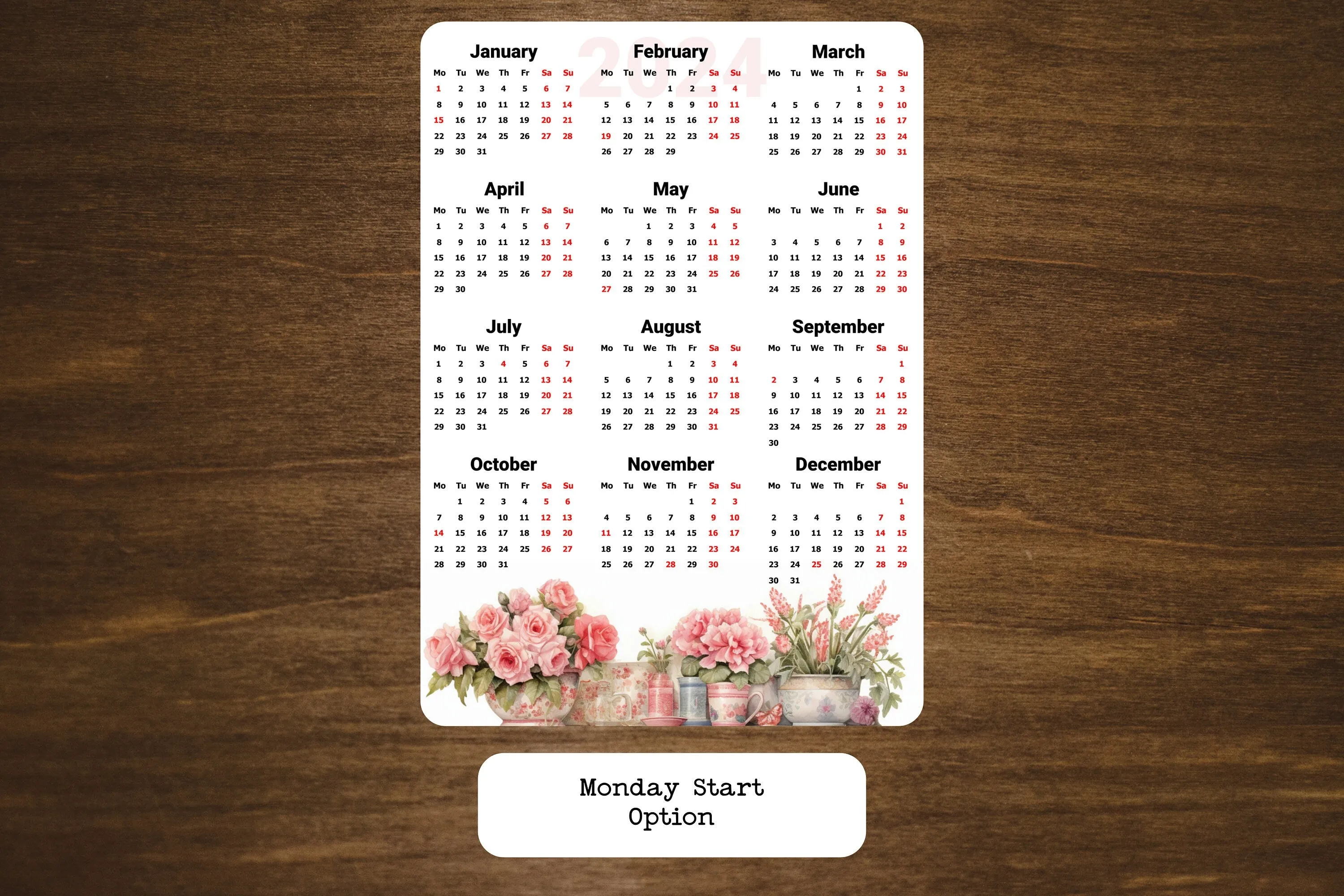 Year At A Glance Calendar Sticker - Watercolor Flowers Design