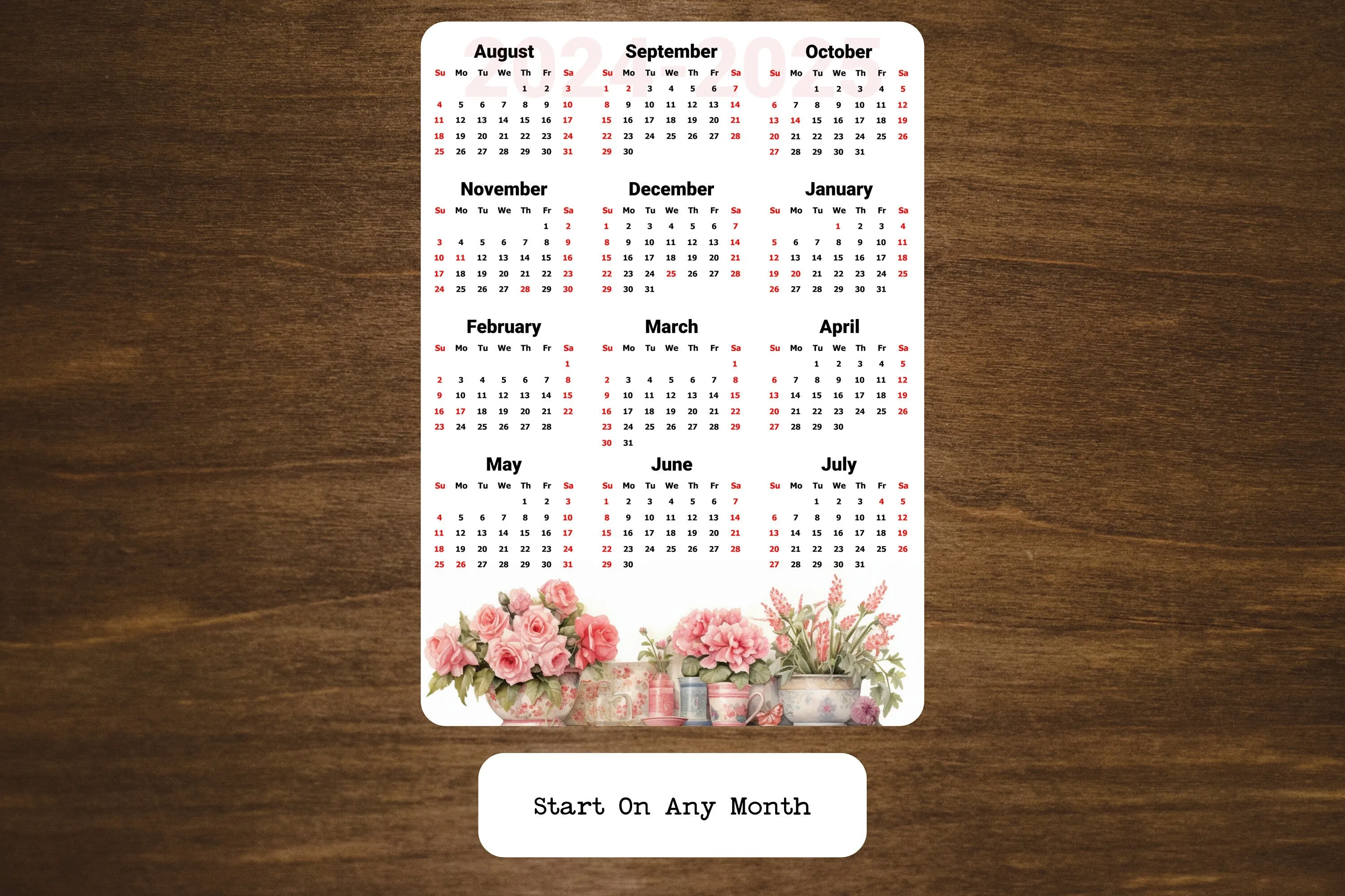 Year At A Glance Calendar Sticker - Watercolor Flowers Design