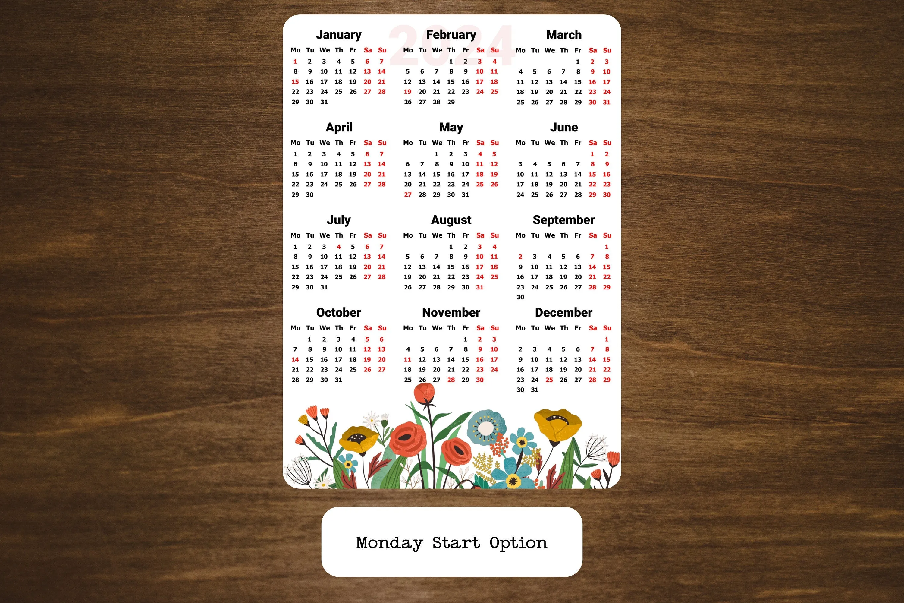 Year At A Glance Calendar Sticker - Wildflowers Design