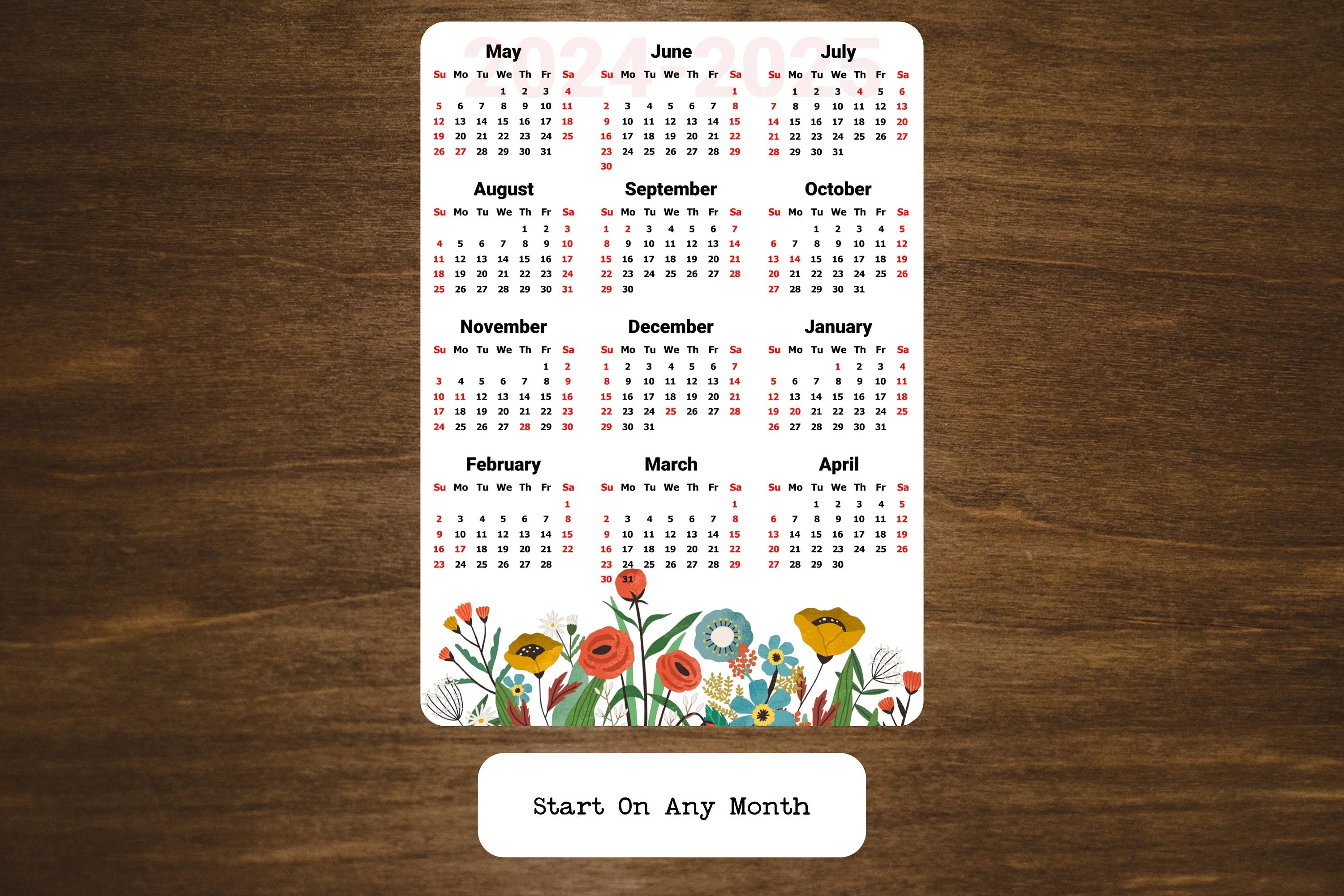 Year At A Glance Calendar Sticker - Wildflowers Design