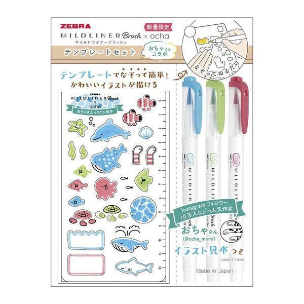 Zebra Mildliner Brush x Ocha Stencil Set - Peaceful Sea Creatures